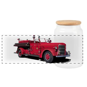 Fire engine vintage car - Panoramic Cookie Jar with Wooden Lid - white - Front