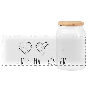 Nur mal kosten! Kekse, Krümel, lecker - Panorama Keksdose mit Holzdeckel - Weiß - Vorne