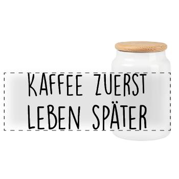 Kaffee zuerst, Leben später - Panorama Keksdose mit Holzdeckel - Weiß - Vorne