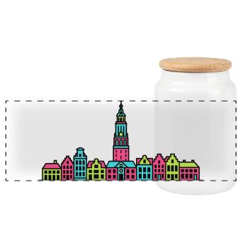 Groningen City Skyline Martinitoren Linienzeichnung - Panorama Keksdose mit Holzdeckel - Weiß - Vorne
