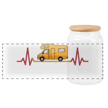 Camping love with the heartbeat and motorhome - Panoramic Cookie Jar with Wooden Lid - white - Front