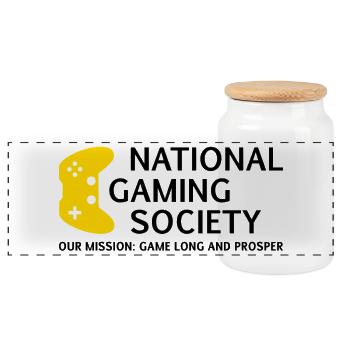 National Gaming Society Design für Gaming Kultur - Panorama Keksdose mit Holzdeckel - Weiß - Vorne