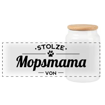 Mopsmama Wunschname - Panorama Keksdose mit Holzdeckel - Weiß - Vorne
