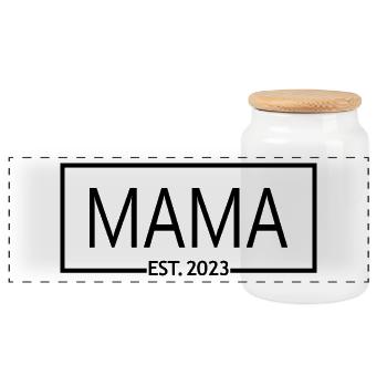 2023, werdende Mama, Schwangerschaftsankündigung - Panorama Keksdose mit Holzdeckel - Weiß - Vorne