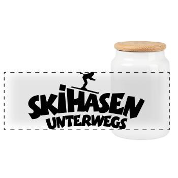 Skihasen Unterwegs - Wintersport Skifahrerinnen - Panorama Keksdose mit Holzdeckel - Weiß - Vorne
