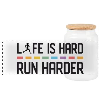 Life is Hard. Run Harder. - Panoramic Cookie Jar with Wooden Lid - white - Front