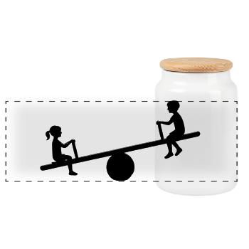 Playful motif of children on a seesaw - Panoramic Cookie Jar with Wooden Lid - white - Front
