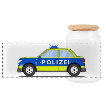 Police car in blue and yellow - Panoramic Cookie Jar with Wooden Lid - white - Front