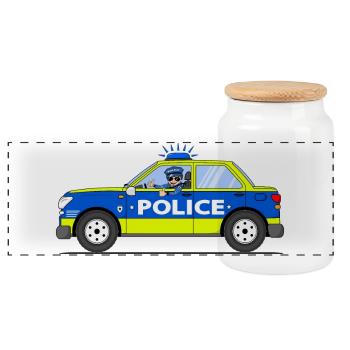 Polizeiauto mit Polizist Blau und Gelb - Panorama Keksdose mit Holzdeckel - Weiß - Vorne