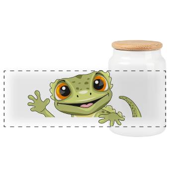 Spähender lustiger Willkommensgecko - Panorama Keksdose mit Holzdeckel - Weiß - Vorne