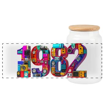 1982 – Birth, Abitur, School Enrollment, Marriage, Marriage - Panoramic Cookie Jar with Wooden Lid - white - Front