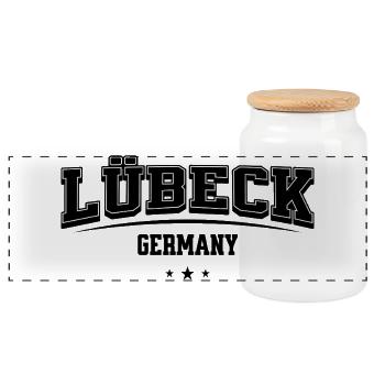 Lettrage de Lübeck, Allemagne - Boîte à biscuits avec couvercle en bois - blanc - Devant