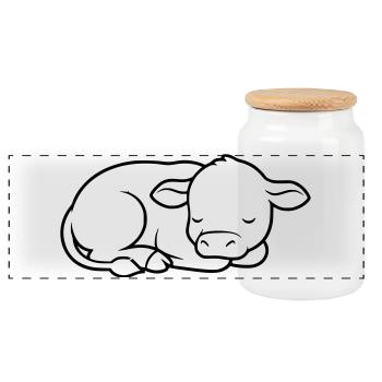 Sleeping Calf Cow Baby Cute - Panoramic Cookie Jar with Wooden Lid - white - Front