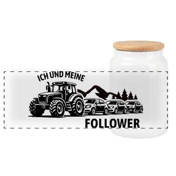 Ich und meine Follower - Traktor - Stau - Panorama Keksdose mit Holzdeckel - Weiß - Vorne