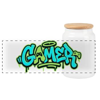 Gamer Graffiti Logo - Panorama Keksdose mit Holzdeckel - Weiß - Vorne