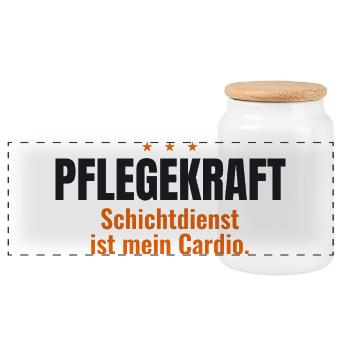 Pflegekraft Shirt – Schichtdienst ist mein Cardio - Panorama Keksdose mit Holzdeckel - Weiß - Vorne