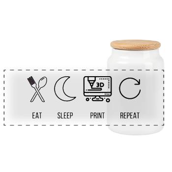 Eat Sleep Print Repeat 3D Printing Maker - Panoramic Cookie Jar with Wooden Lid - white - Front