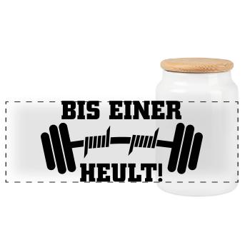 Bis einer heult Hantel - Panorama Keksdose mit Holzdeckel - Weiß - Vorne