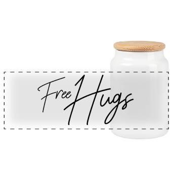 free hugs kostenlose Umarmungen Kuscheln Geschenk - Panorama Keksdose mit Holzdeckel - Weiß - Vorne