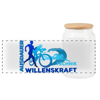 Triathlon - Ausdauer - Technik - Willenskraft - Panorama Keksdose mit Holzdeckel - Weiß - Vorne