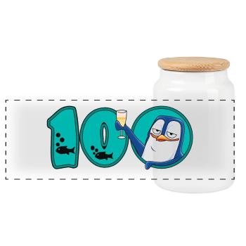 100. Geburtstag Jubiläum Pinguin - Panorama Keksdose mit Holzdeckel - Weiß - Vorne