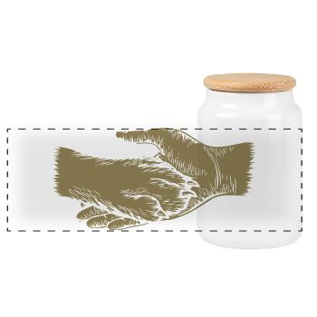 Chien et maître - Silhouette de main et de patte - Boîte à biscuits avec couvercle en bois - blanc - Devant