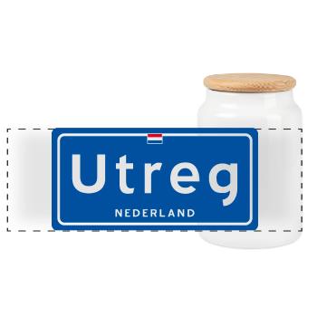 Ortsschild Utreg (Utrecht) - Panorama Keksdose mit Holzdeckel - Weiß - Vorne
