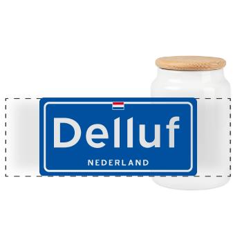 Ortsschild Delluf (Delft) - Panorama Keksdose mit Holzdeckel - Weiß - Vorne