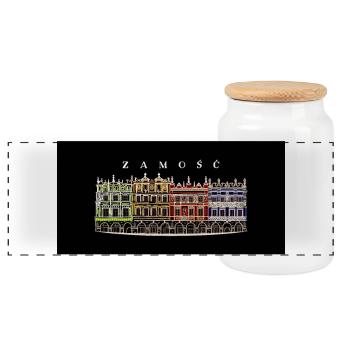 Zamosc, Poland World Heritage Site Drawing - Panoramic Cookie Jar with Wooden Lid - white - Front