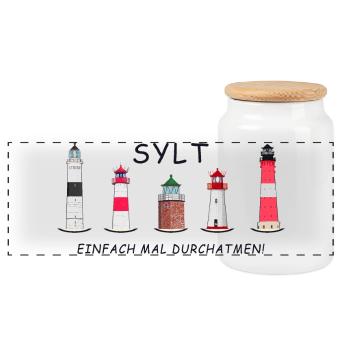 Sylt, Respirez profondément, Phares de Sylt - Boîte à biscuits avec couvercle en bois - blanc - Devant