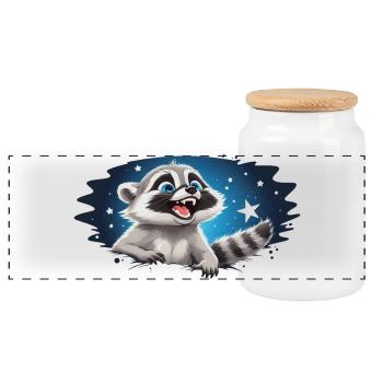 Lustiger Waschbär unterm Sternenhimmel - Panorama Keksdose mit Holzdeckel - Weiß - Vorne