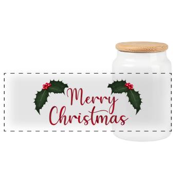 Lettrage de joyeux Noël avec houx - Boîte à biscuits avec couvercle en bois - blanc - Devant