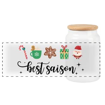 Best Saison ist cozy XMas Weihnachten mit Symbolen - Panorama Keksdose mit Holzdeckel - Weiß - Vorne