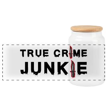 True Crime Junkie – Düsterer Spruch für Krimi Fans - Panorama Keksdose mit Holzdeckel - Weiß - Vorne