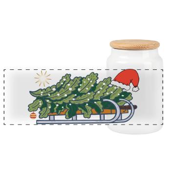 Christmas tree on a sleigh - Panoramic Cookie Jar with Wooden Lid - white - Front
