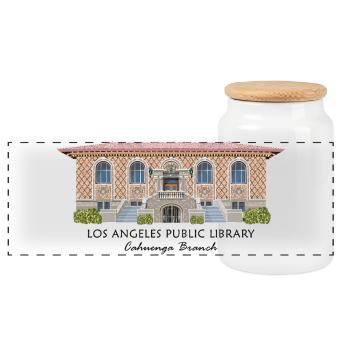 Los Angeles Public Library, hand-drawn - Panoramic Cookie Jar with Wooden Lid - white - Front