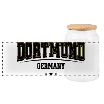 Dortmund Yellow Outline Wordmark - Panoramic Cookie Jar with Wooden Lid - white - Front