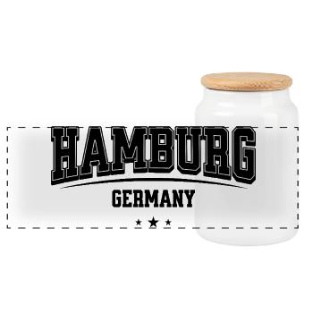 Hamburg Schriftzug Varsity - Panorama Keksdose mit Holzdeckel - Weiß - Vorne