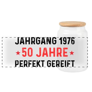 Vintage 1976 – 50 years perfectly matured - Panoramic Cookie Jar with Wooden Lid - white - Front
