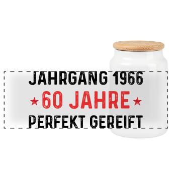 Jahrgang 1966 – 60 Jahre perfekt gereift - Panorama Keksdose mit Holzdeckel - Weiß - Vorne