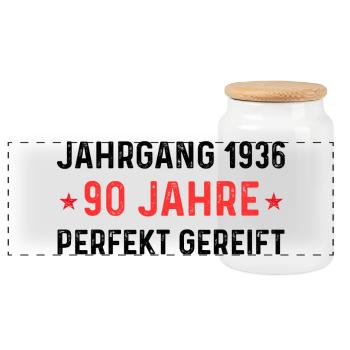 Vintage 1936 – 90 years perfectly matured - Panoramic Cookie Jar with Wooden Lid - white - Front