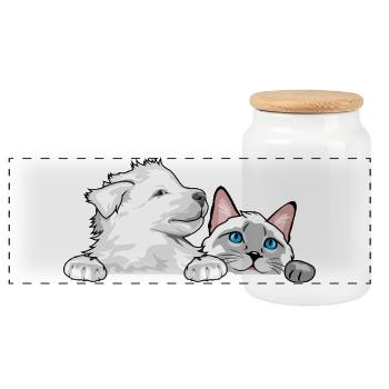 Peeking_Swiss_Shepherd_puppy_and_Siamese_cat - Panoramic Cookie Jar with Wooden Lid - white - Front