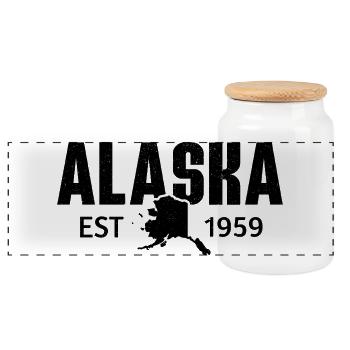 Alaska State Est 1959 Retro Vintage - Panoramic Cookie Jar with Wooden Lid - white - Front