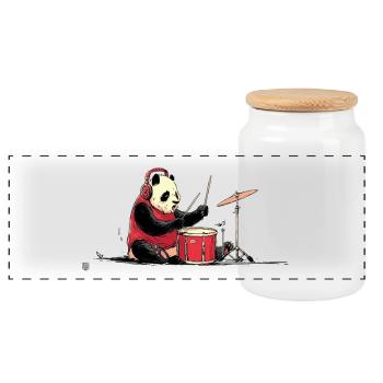Panda Drummer im Roten Hoodie - Panorama Keksdose mit Holzdeckel - Weiß - Vorne