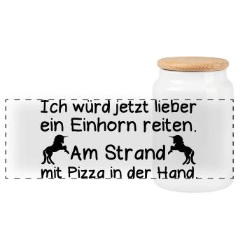 Einhorn Strand Pizza Reiten lustig Spruch Geschenk - Panorama Keksdose mit Holzdeckel - Weiß - Vorne