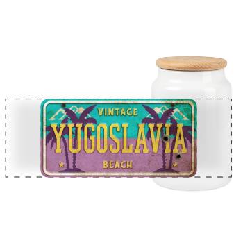 Jugoslawien Vintage Schild - Panorama Keksdose mit Holzdeckel - Weiß - Vorne