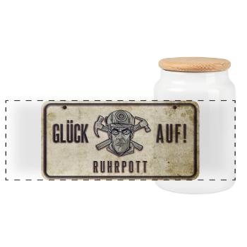 Glück auf Ruhrpott Schild - Panorama Keksdose mit Holzdeckel - Weiß - Vorne
