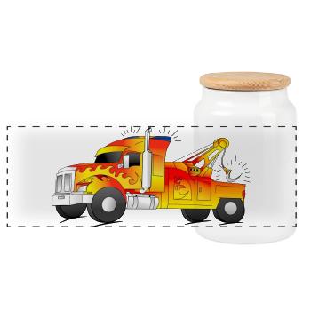 cooler Abschleppwagen Abschlepper LKW - Panorama Keksdose mit Holzdeckel - Weiß - Vorne
