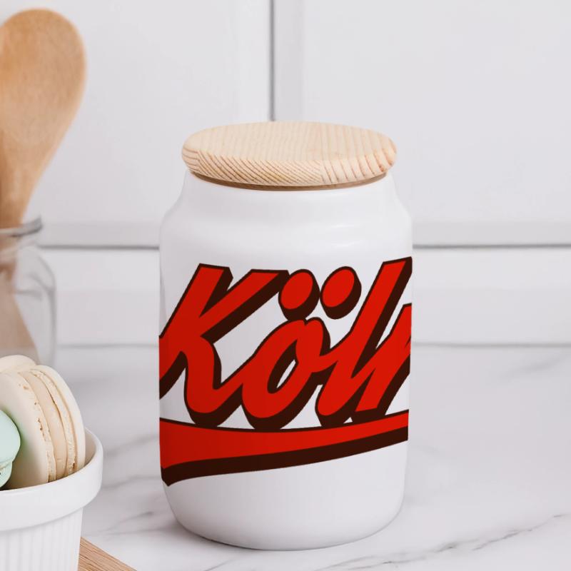 Cologne Retro Script Logo Red Panoramic Cookie Jar with Wooden Lid