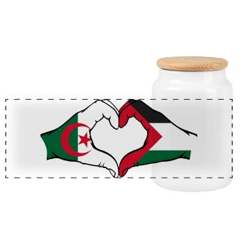 Algeria Palestine Heart Shape with Hands - Panoramic Cookie Jar with Wooden Lid - white - Front